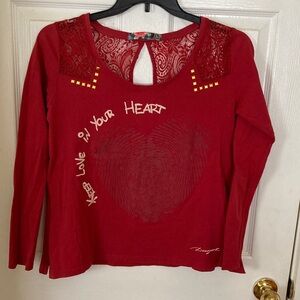 Desigual Red Long Sleeve Top with Heart and Lace